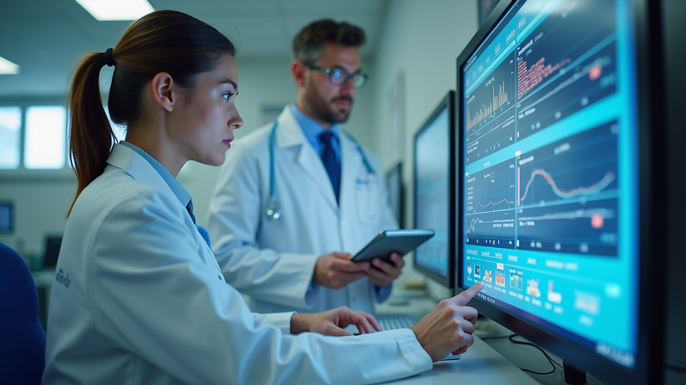 Eye-level view of a healthcare professional reviewing patient data