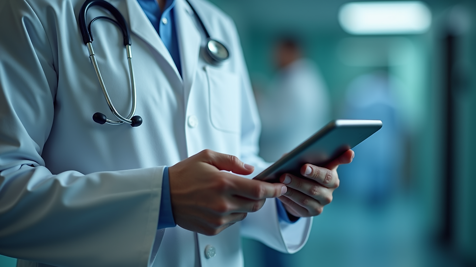 Close-up view of a healthcare professional using a tablet to access electronic medical records remotely