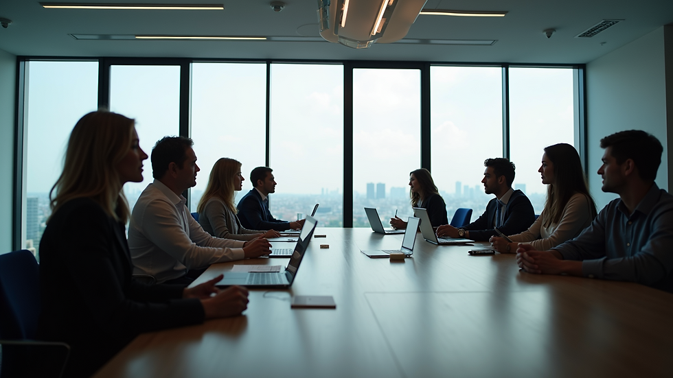 Wide angle view of a group meeting at a consulting firm