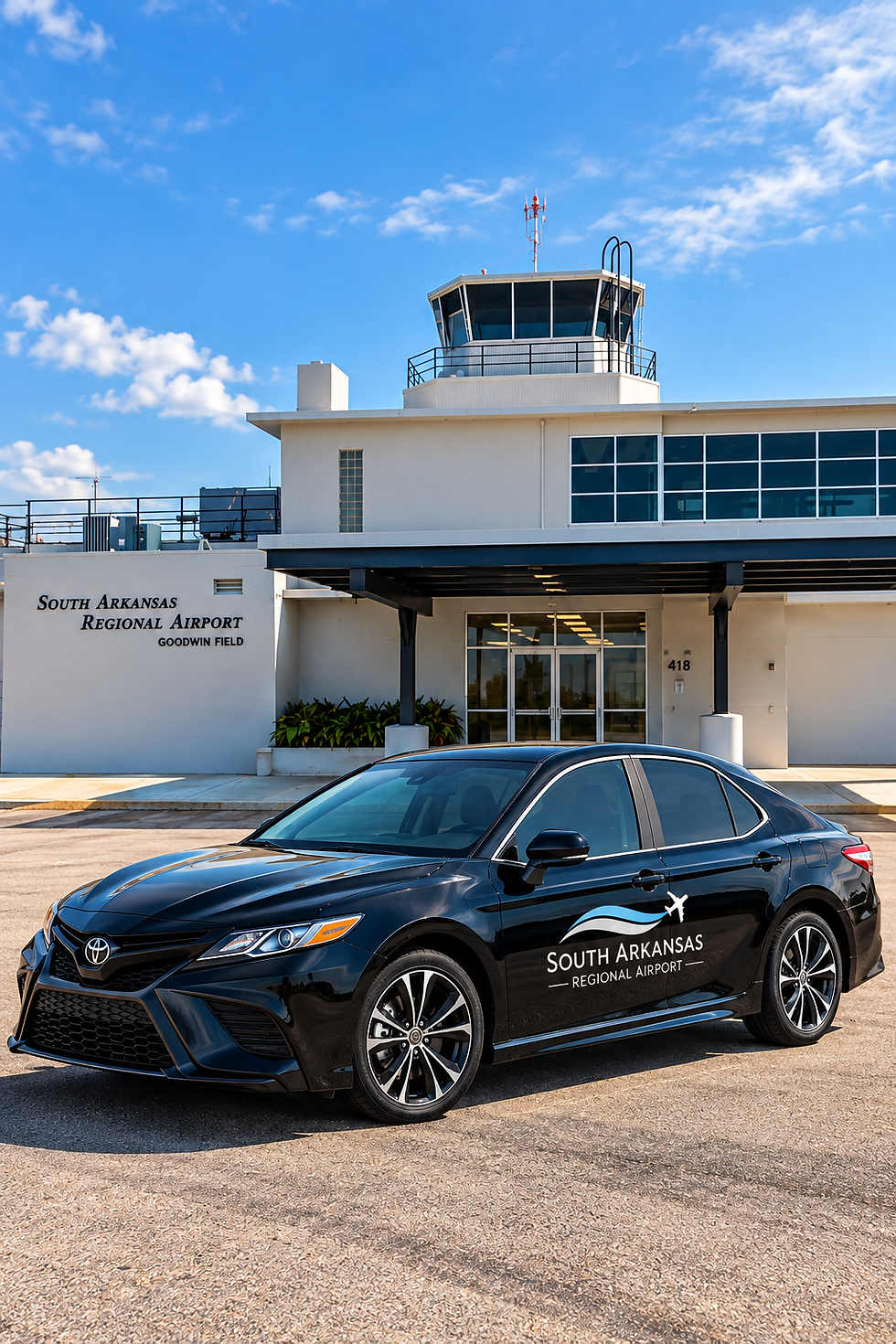 Black sedan parked at South Arkansas Regional Airport.