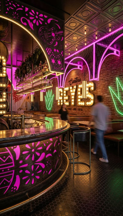 Diseño de cantina mexicana moderna con barra curva, iluminación decorativa, neones y mobiliario para experiencia nocturna en México