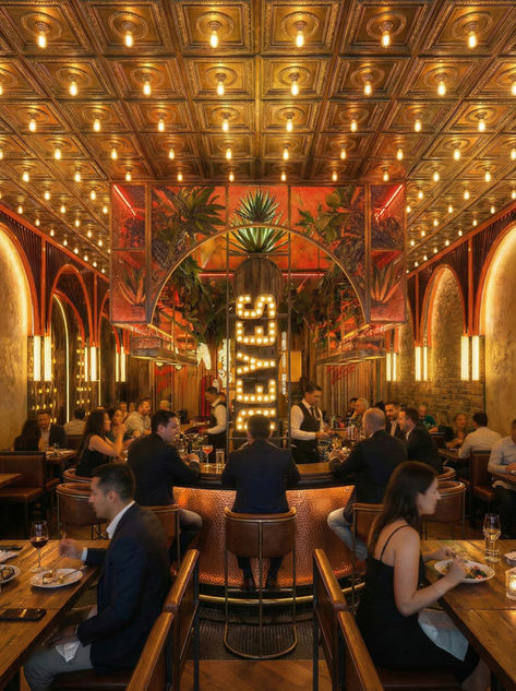 Proyecto de diseño comercial para cantina mexicana premium con barra central, decoración interior, iluminación arquitectónica y una atmósfera pensada para atraer mercado local e internacional.