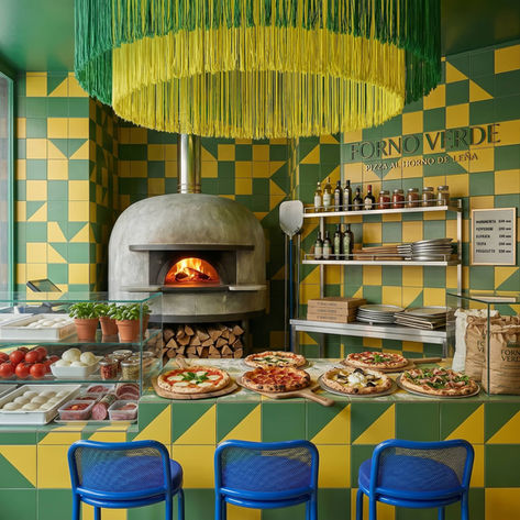 Diseño de pizzería pequeña con horno visible, barra de preparación, materiales con identidad y decoración comercial para espacios gastronómicos compactos.