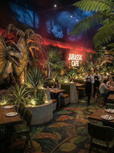Decoración de restaurante temático con vegetación, iluminación ambiental, mobiliario, experiencia inmersiva y diseño comercial para clientes.
