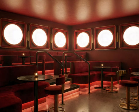 Diseño interior de lounge bar en México con booths curvos, iluminación integrada, atmósfera roja y propuesta de interiorismo comercial desarrollada por B&Ö.