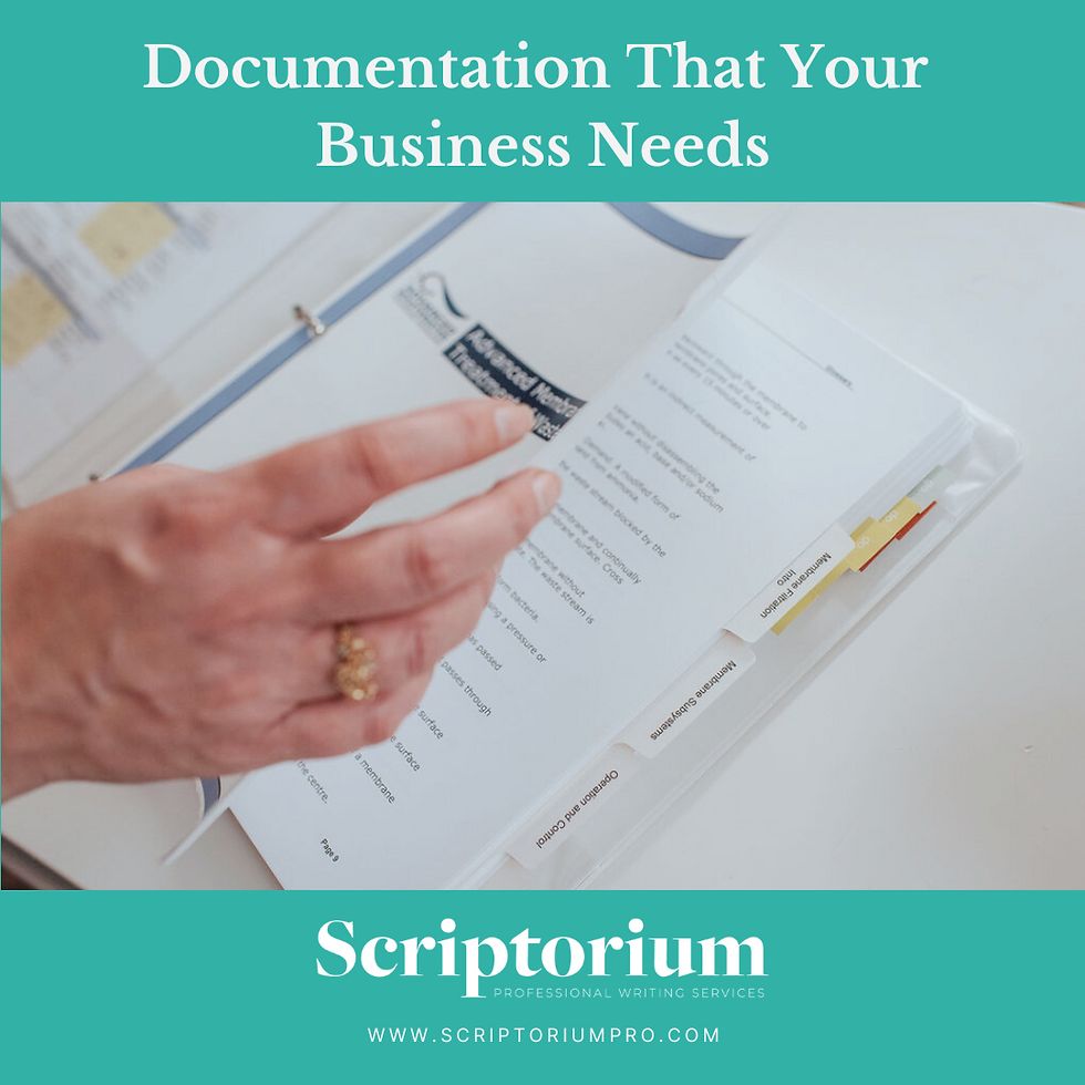 Photo of a person's hand flipping the page of a business document. Text reads: Documentation That Your Business Needs