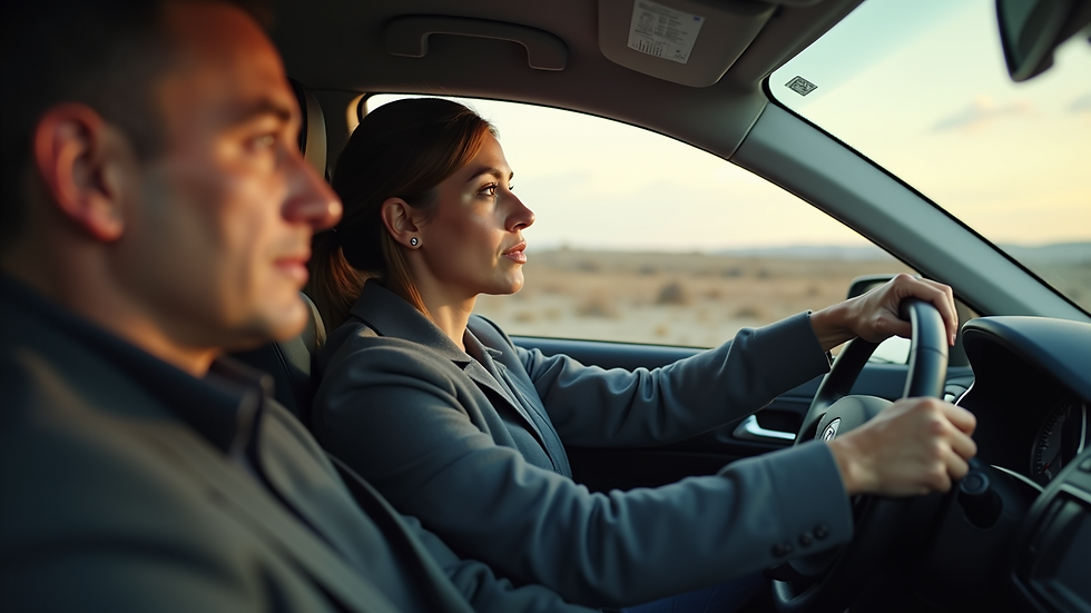 High angle view of a learner driver receiving instructions from an instructor in a car