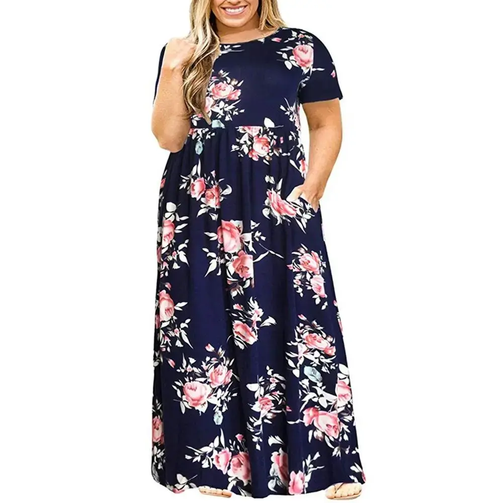 Women’s Summer Plus Size Printed Long Dress with Short Sleeves