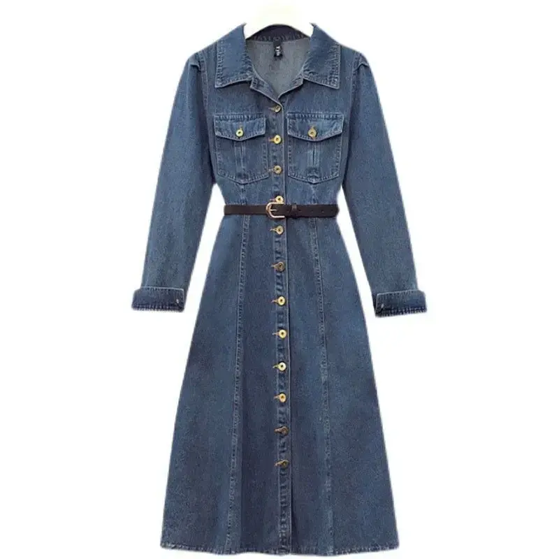 Thumbnail: Plus‑Size Long‑Sleeve Denim Button‑Front A‑Line Dress Elegant Style
