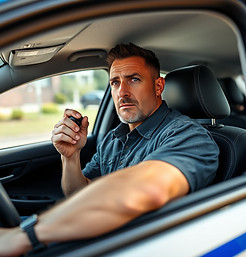 A fit man, sitting in the driver seat of his patrol car, talking into a radio, in a _secur