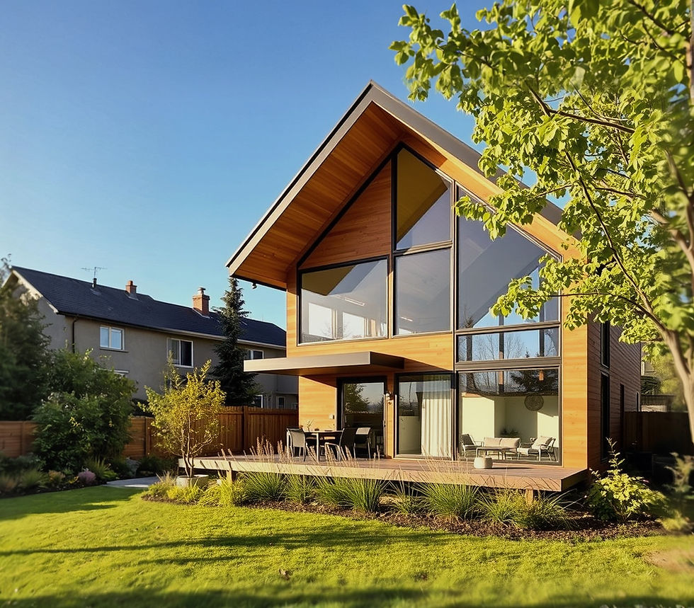 Landscape image of a passive house in a Calgary inner city setting with an open gable roof