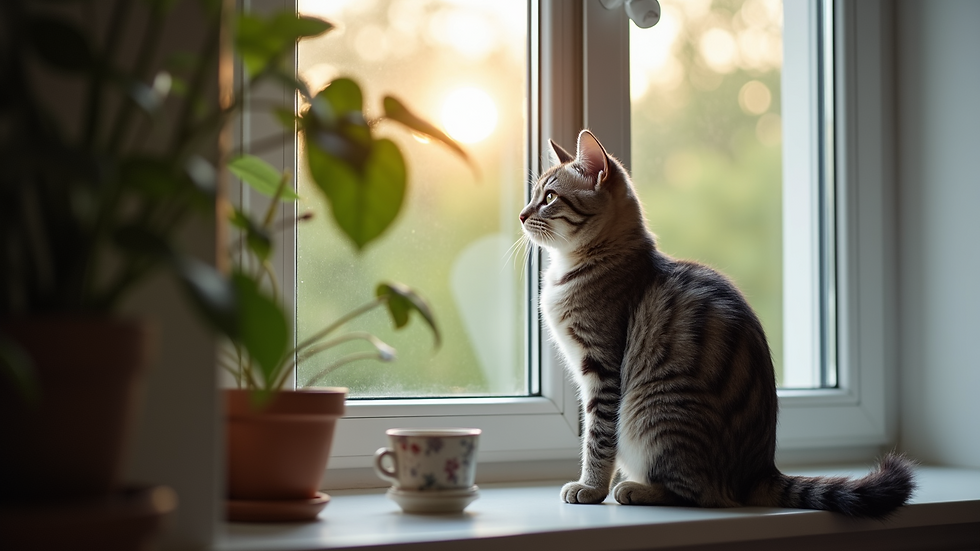 Eye-level view of a British Shorthair cat calmly sitting on a windowsill