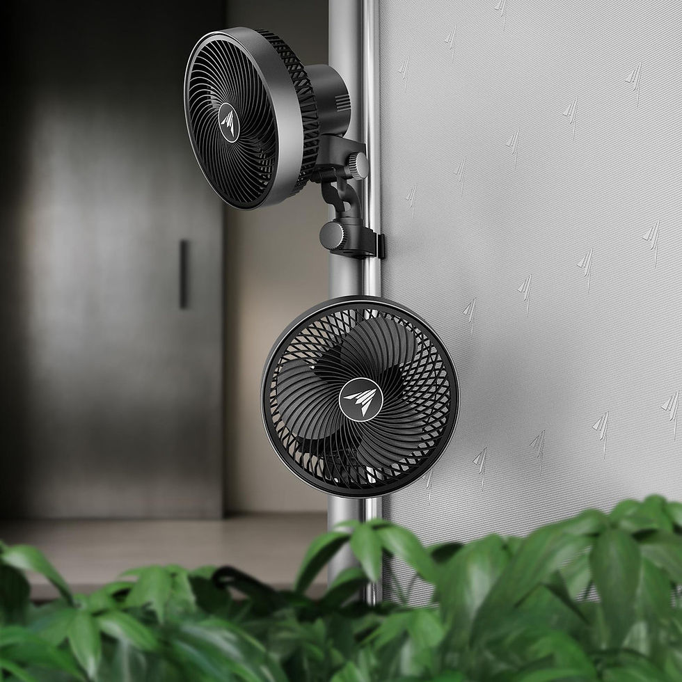 Black fan mounted on a pole with two fan heads, leaves below.