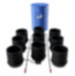 Hydroponic system with black pots and blue water tank for growing plants.