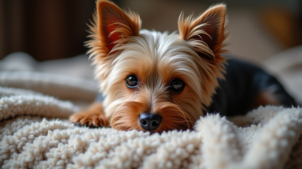 Eye-level view of a Yorkshire Terrier resting on a cozy blanket