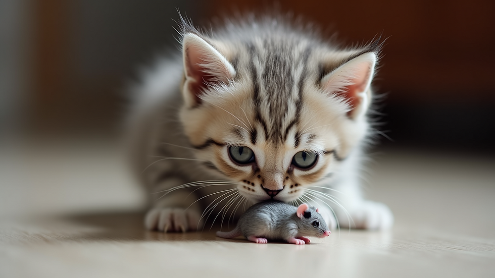Eye-level view of a British Shorthair kitten playing with a toy mouse