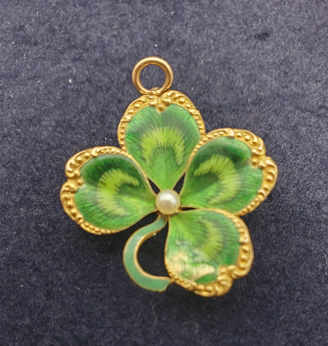 Antique Victorian Krementz 14K Enamel Gold Four Leaf Clover Art