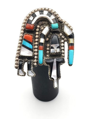 Vintage Zuni Rainbow Man Silver Inlaid Ring Signed by H E