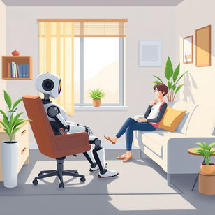 Robot and woman talking in a sunlit living room with plants, a sofa, and window blinds, creating a calm, friendly mood.