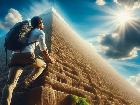 man with backpack scaling side of pyramid