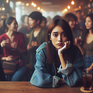 Young woman in denim jacket leans on her hand, looking pensive at a bar. Crowd in background, warm lighting creates a lively atmosphere.