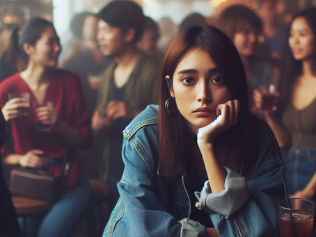 Young woman in denim jacket leans on her hand, looking pensive at a bar. Crowd in background, warm lighting creates a lively atmosphere.