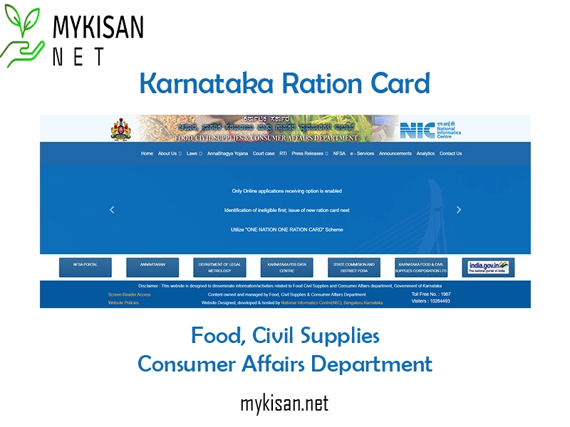 A screenshot of the Karnataka Ration Card List 2023 website, showing the homepage with the search bar, district list, and ration card list links.