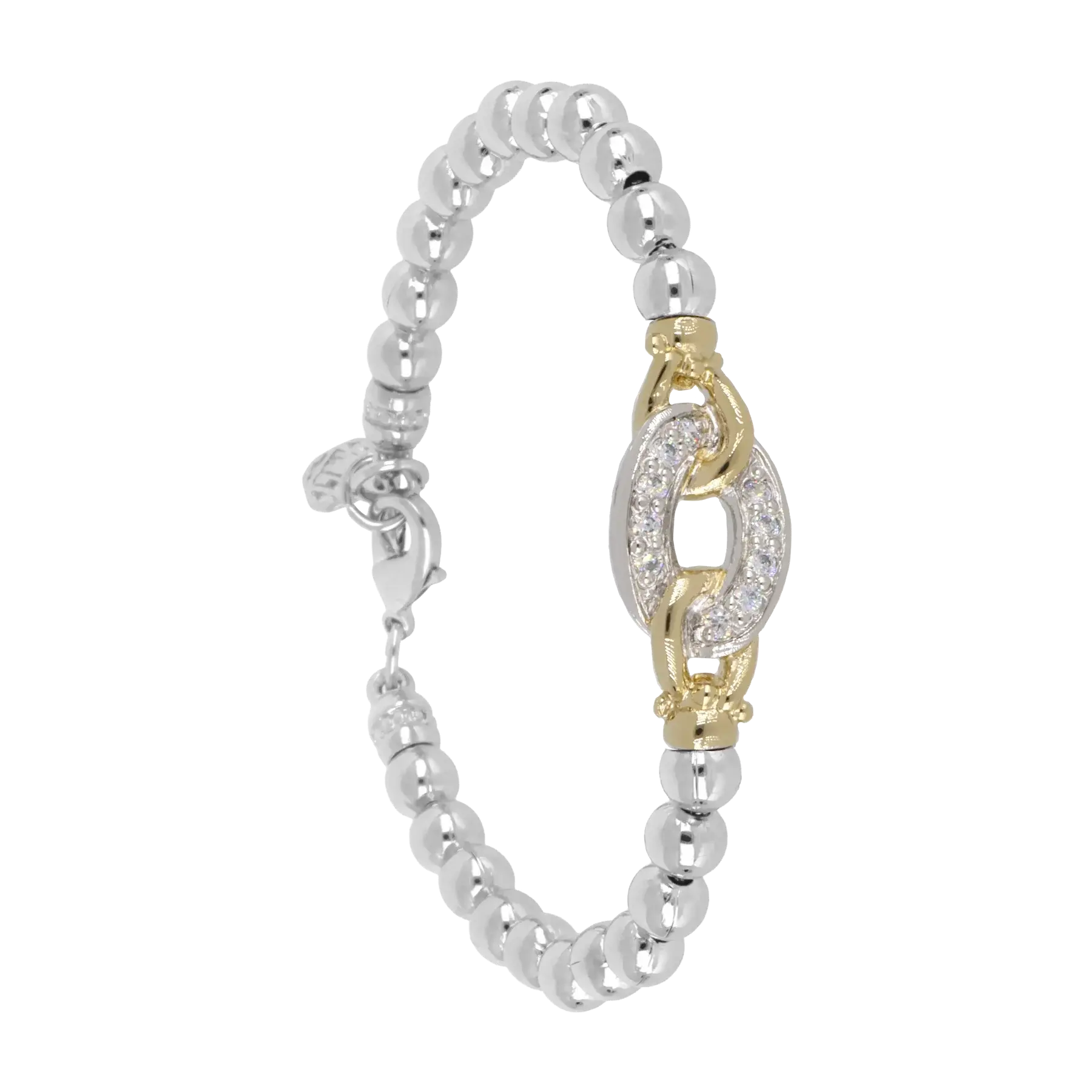 Rhodium Two Tone Pave Beaded Oval Bracelet - 6.25"