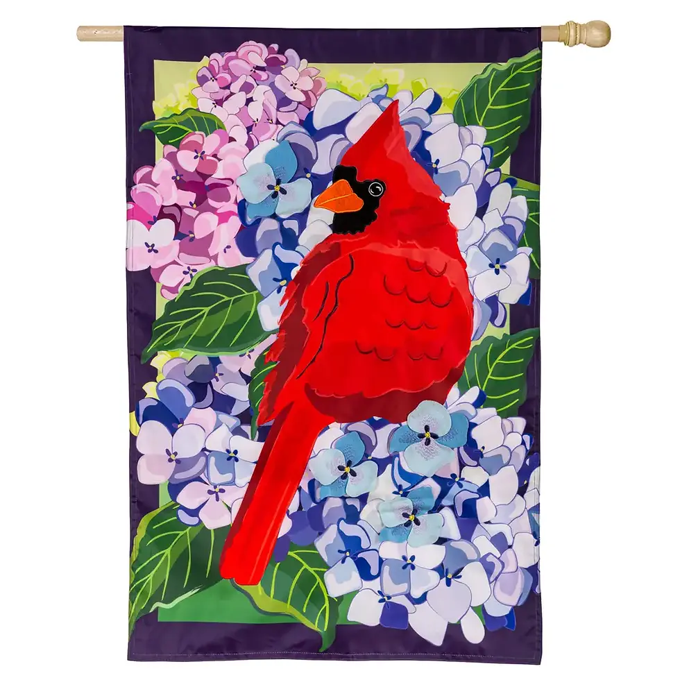 Red Cardinal and Hydrangeas Applique House Flag