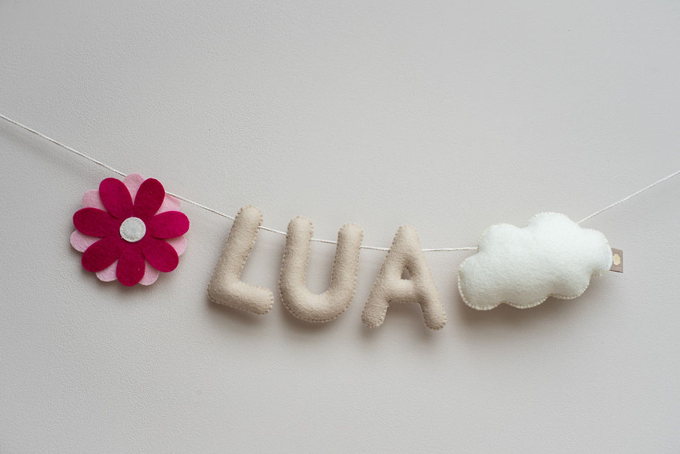 Thumbnail: Een slinger van vilt met zandkleurige letters LUA waar links een roze en donkerroze bloem van hangt en rechts een witte wolk.