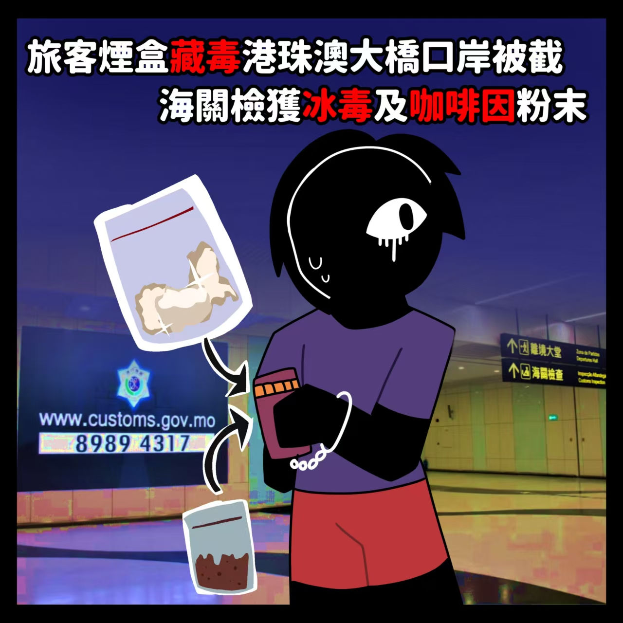 旅客煙盒藏毒闖關大橋口岸被截海關檢獲冰毒及咖啡因粉末