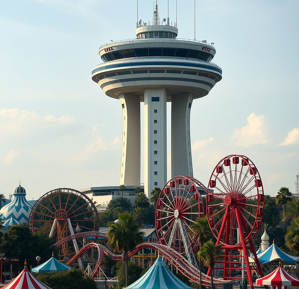 An amusement park with rollercoasters and a control tower in the background ominously looming over the park. 