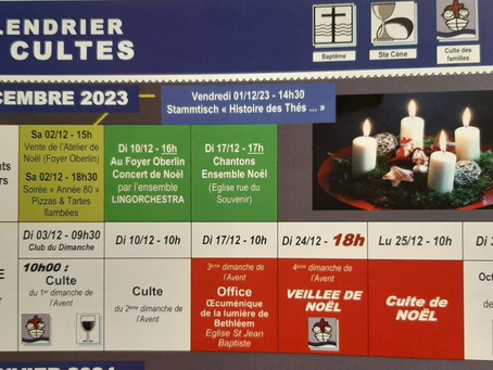 Calendrier des cultes de la période de l'Avent et de Noël 2023