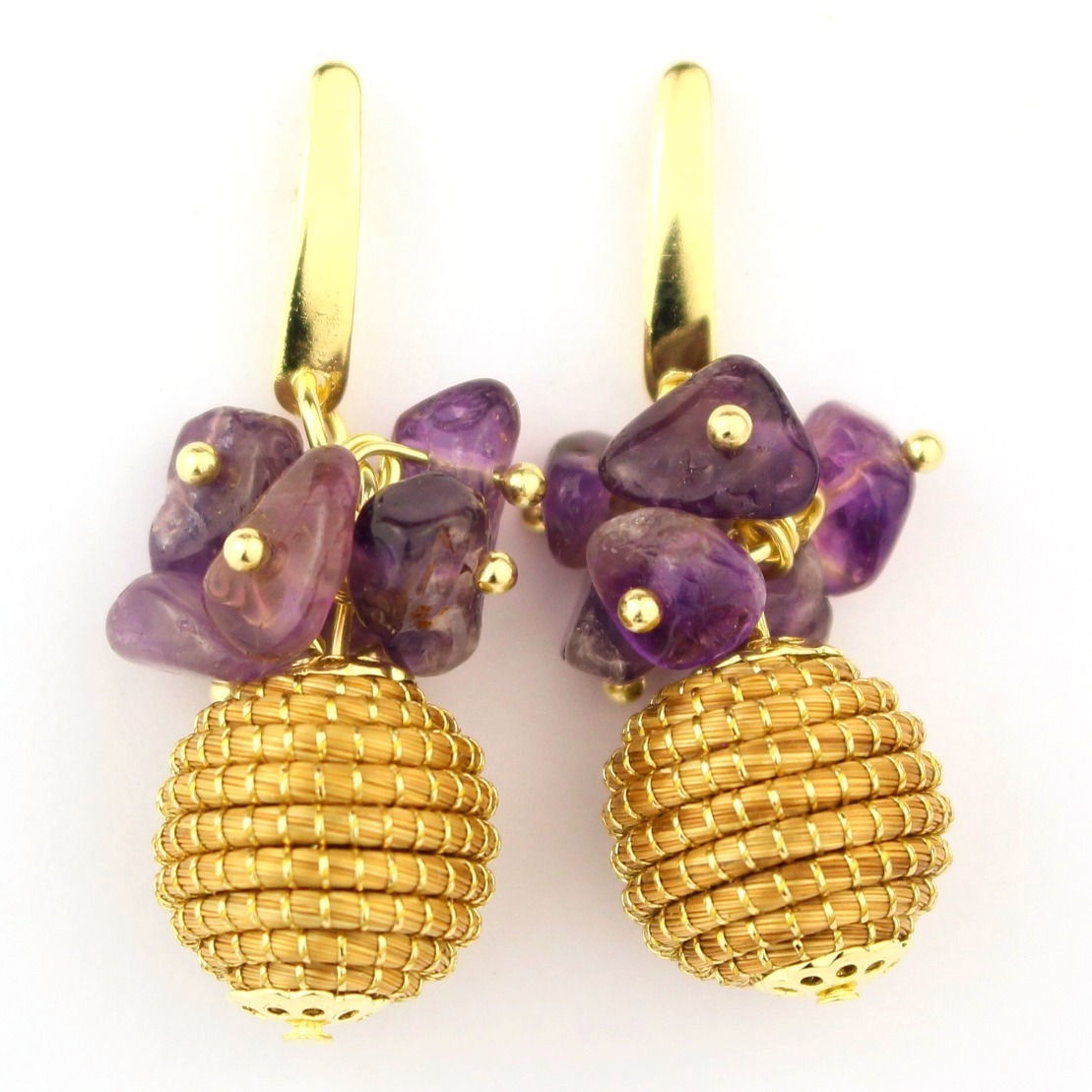 Drop Beads Golden Grass Earrings With Natural Stones