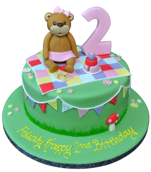 Bespoke celebration cake in Solihull, West Midlands featuring a teddy bear with picnic-themed decorations.