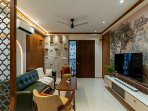 Living room – Kohinoor by Auro Realty 3BHK interiors by Meraki Homes