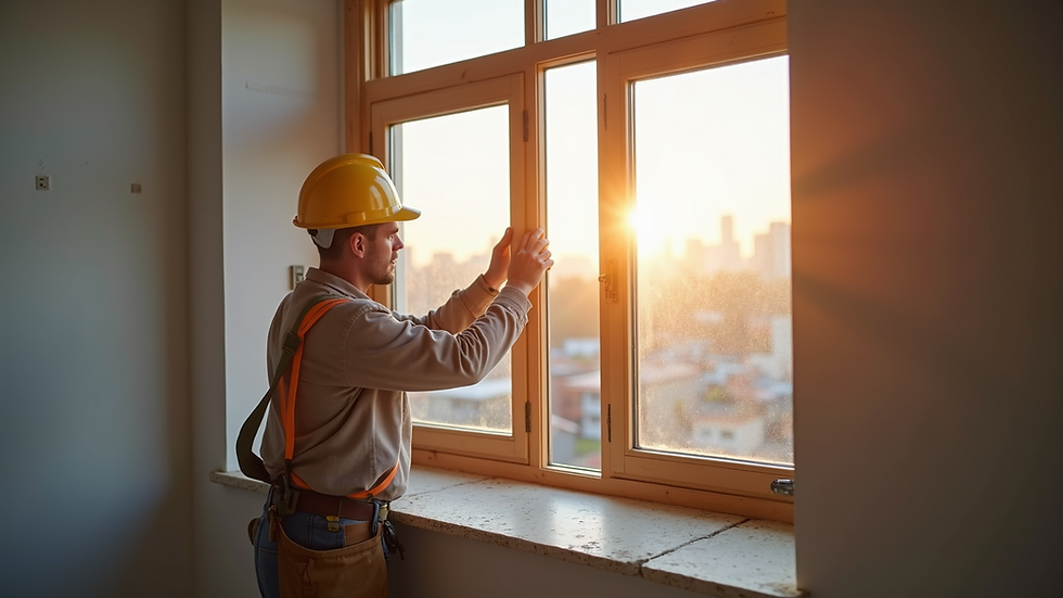 Close-up view of construction workers installing energy-efficient windows