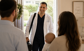 Circumcision specialist arriving at a family's home for an in-home circumcision appointment