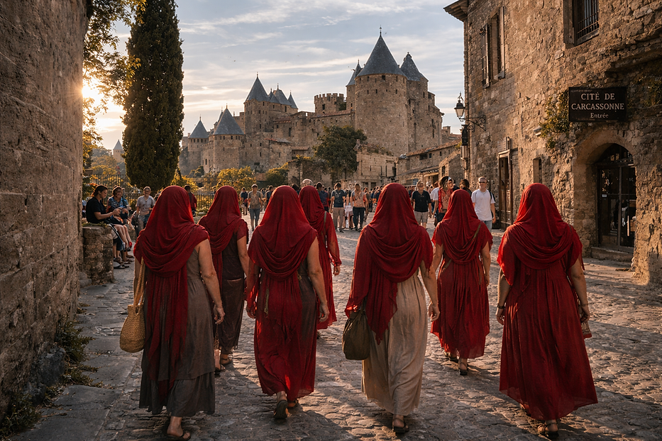 Mujeres con mantillas rojas en Carcassonne.png
