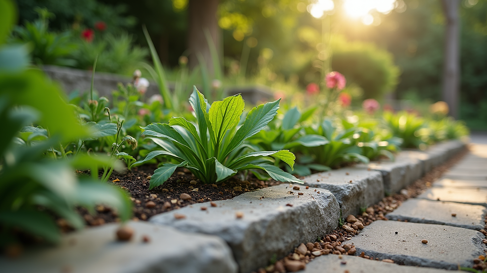 Eye-level view of a garden bed with diverse plants and natural stone edging