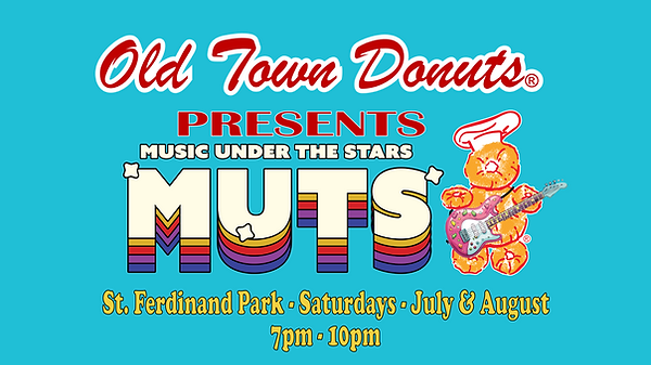 Website header. Old Town Donuts presents Music Under the Stars summer concert series. The image includes a picture of the Donut Man from Old Town Donuts playing an electric guitar. St. Ferdinand Park on Saturdays in July and August from 7pm to 10pm