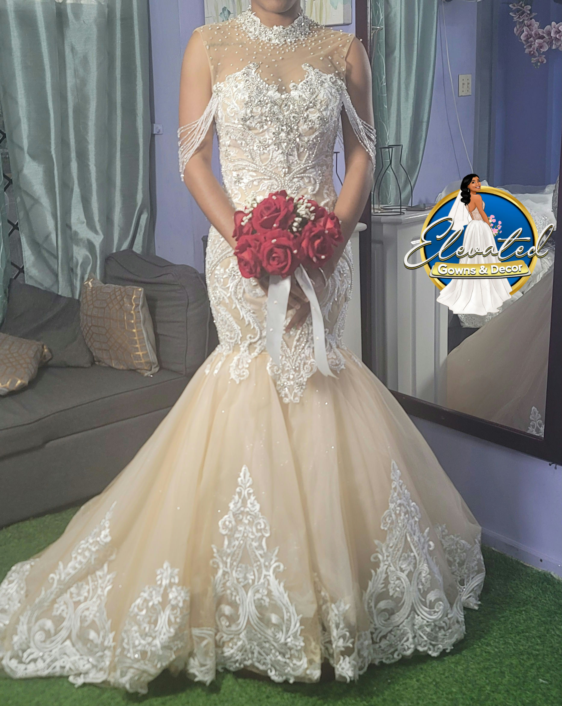 Size 6 Dark Champagne  Mermaid gown with detachable train 