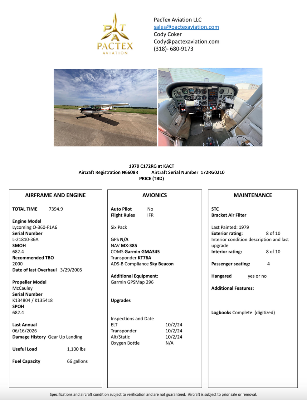N6608R 1979 Cessna 172 RG Spec Sheet.png