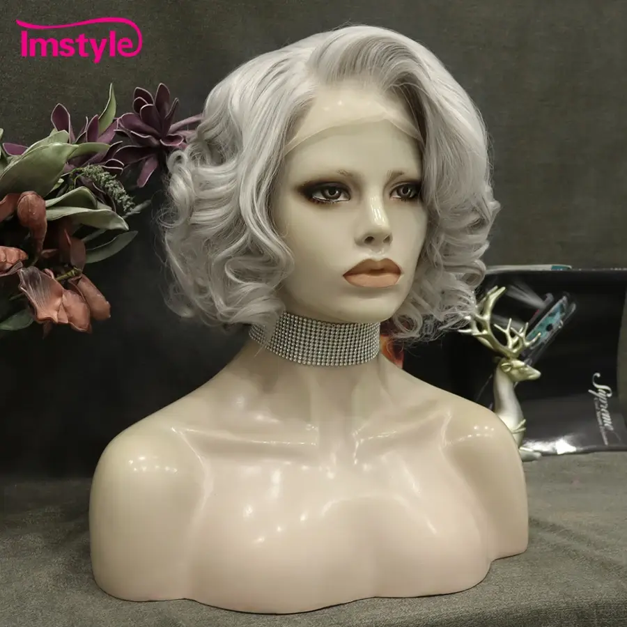 Thumbnail: Short  Grey Synthetic Lace Front Wig