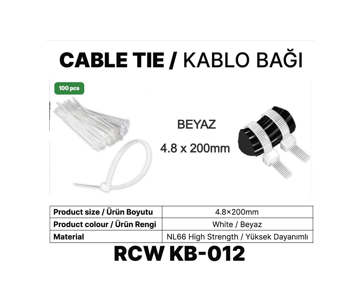 KABLO BAĞI 4.8MM x  20CM BEYAZ - 100 ADET