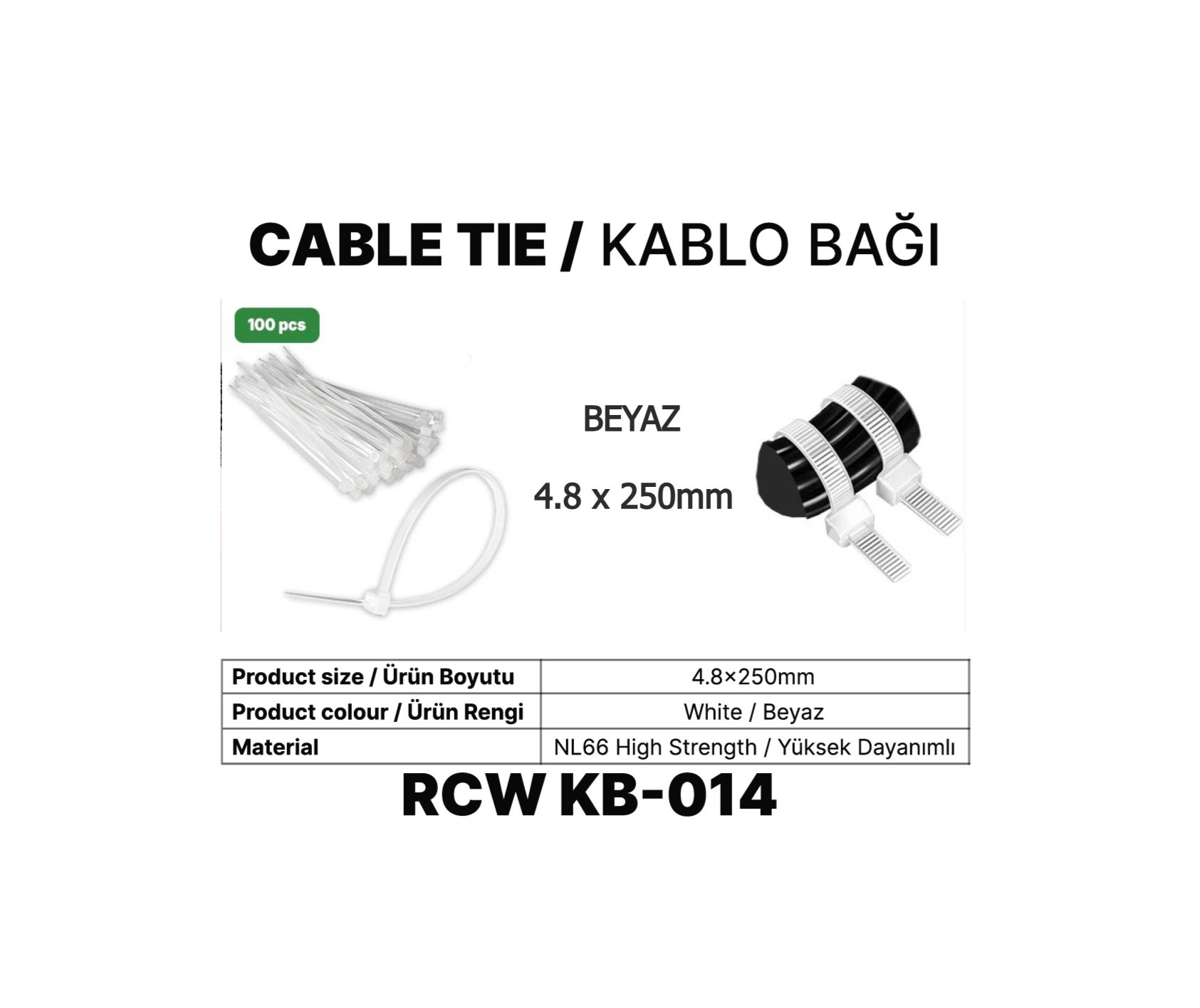 KABLO BAĞI 4.8MM x 25 CM BEYAZ - 100 ADET