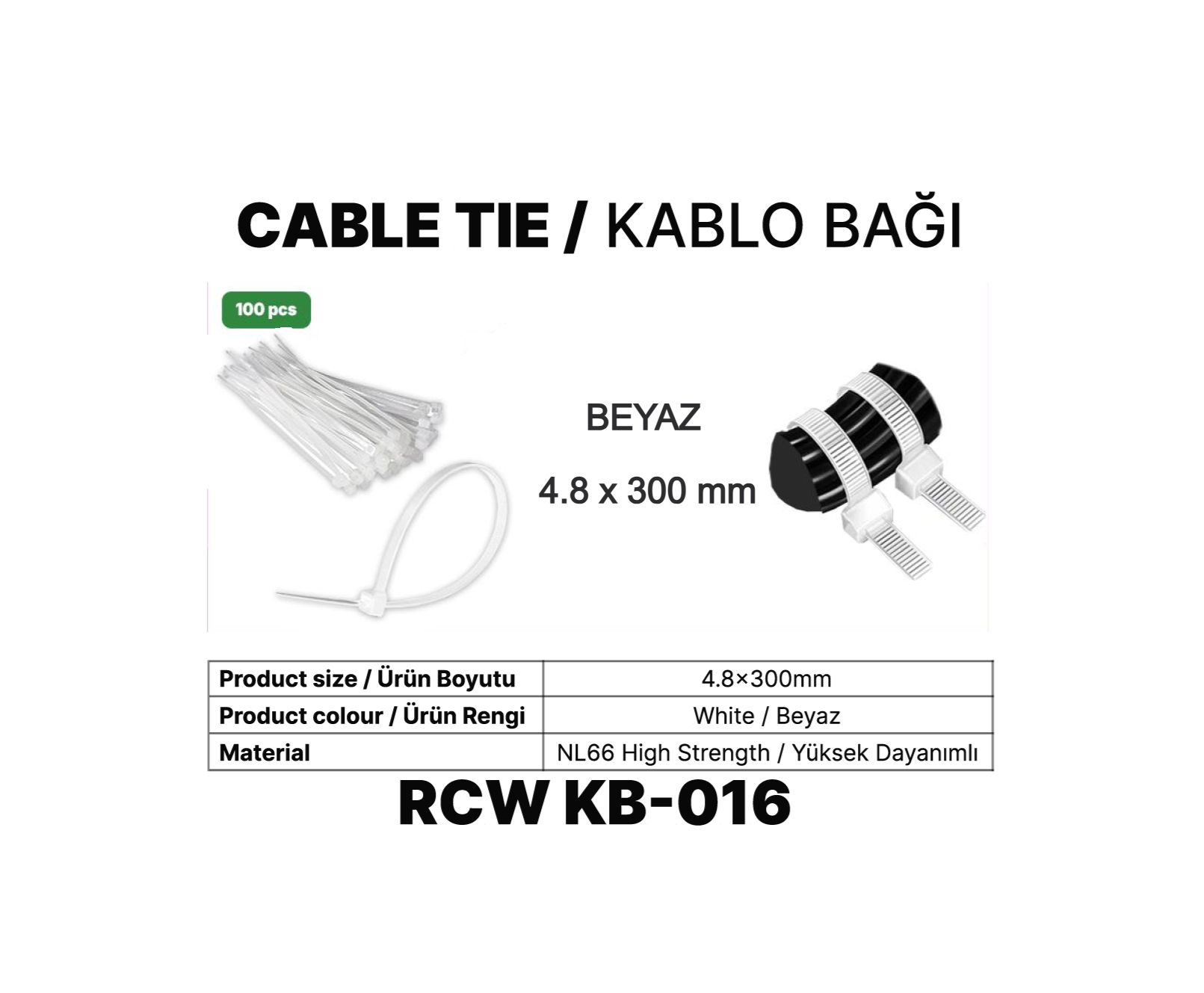 KABLO BAĞI 4.8MM x 30CM BEYAZ - 100 ADET