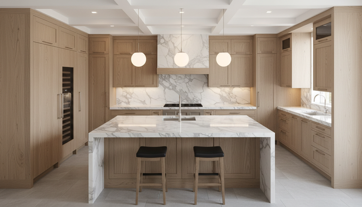 Overhead view of a finished luxury kitchen with marble island, custom cabinetry, and warm pendant lights