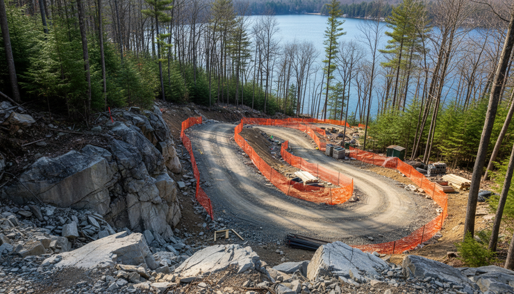 Eye-level view of a steep wooded waterfront construction site
