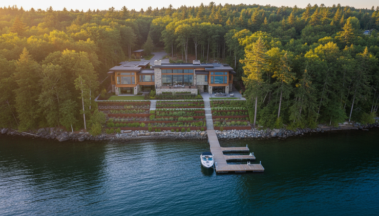 Aerial view of a finished luxury home along a wooded shoreline